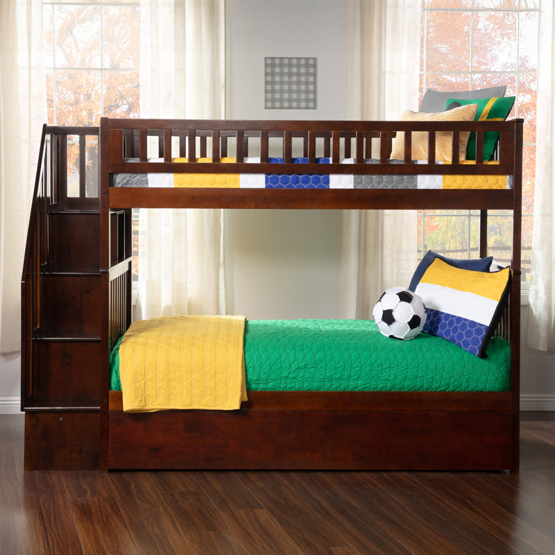 Ilariana Wood Bunk Bed with Staircase and Trundle, Walnut, Twin Over Twin
