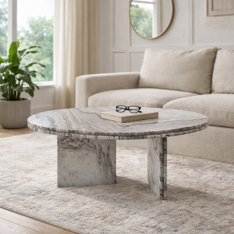 Table basse en marbre Kramer pour le salon ou le bureau - 42 po, ivoire et gris