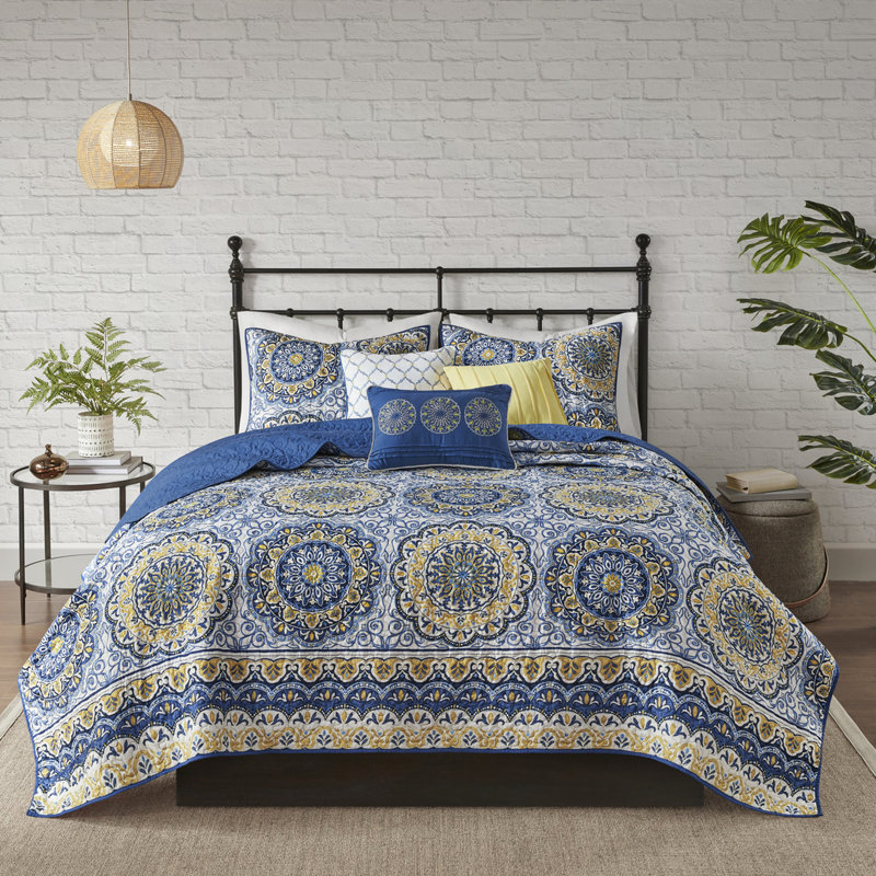 Courtepointe réversible bleue / double - Motif floral 3 coussins décoratifs 100% microfibre Laver à la machine avec un jet large médaillons lavables