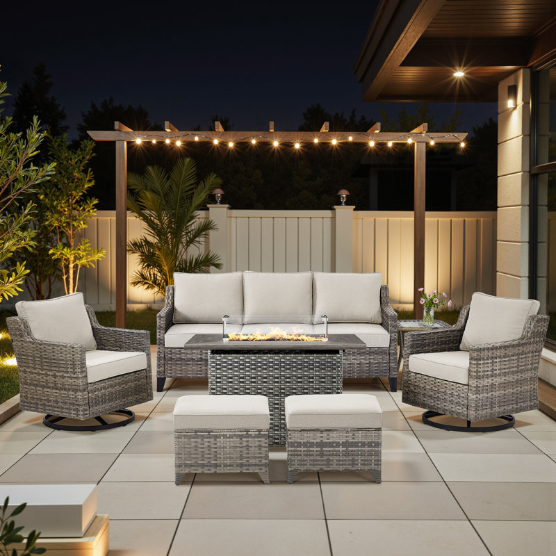 Maelie 7-Piece Outdoor Wicker Patio Fire Pit Conversation Set With Rectangle Fire Pit, Swivel Gliders, Ottomans And Side Table