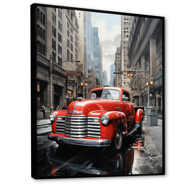 Camionnette rouge Laphonso Cityscape Hauler IV - impression, H 40 po x l 30 po x P 1,5 po, Cadre flottant noir