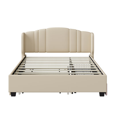 Lit plateforme tapissier avec tête de lit à oreilles, un lit gigogne simple et 2 tiroirs, aucun sommier nécessaire, tissu en lin, grand