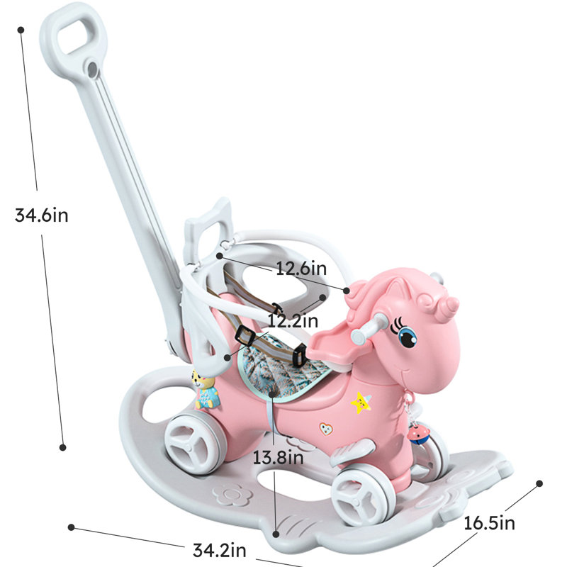 Cheval à bascule rose, vélo d'équilibre avec poignée de poussée et cheval de sécurité