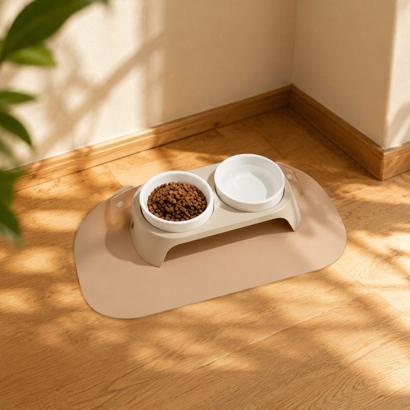 Tapis d'alimentation semi-fermé en cuir épaissi pour animaux de compagnie imperméable et antidérapant, or rose, Rose Gold