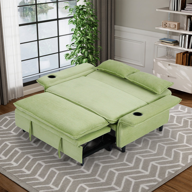 Upholstered Loveseat Sleeper Sofa With Pull Out Couch Ottoman Adjustable Backrest And Armrests, Green