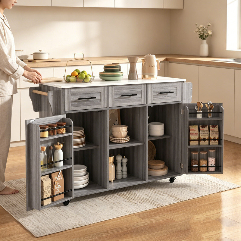 139 cm W Kitchen Island with, Gray