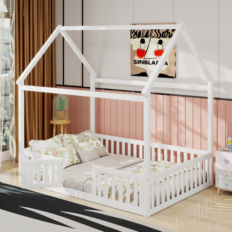 Lit en bois avec clôture et porte, Lit double, Blanc