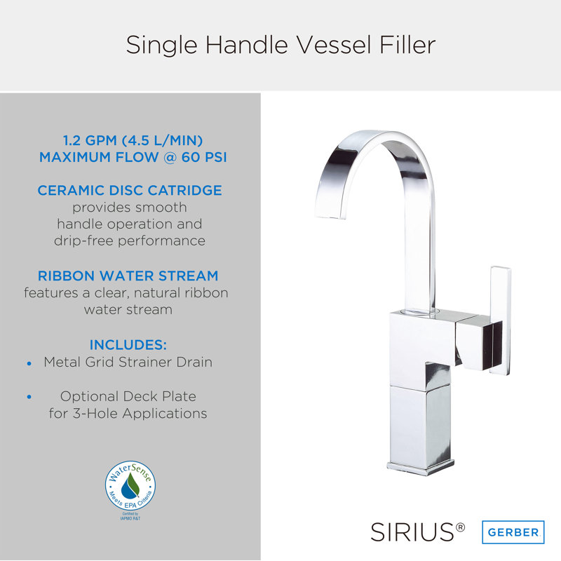 Sirius Vessel Filler Single Hole Bathroom Faucet, Chrome