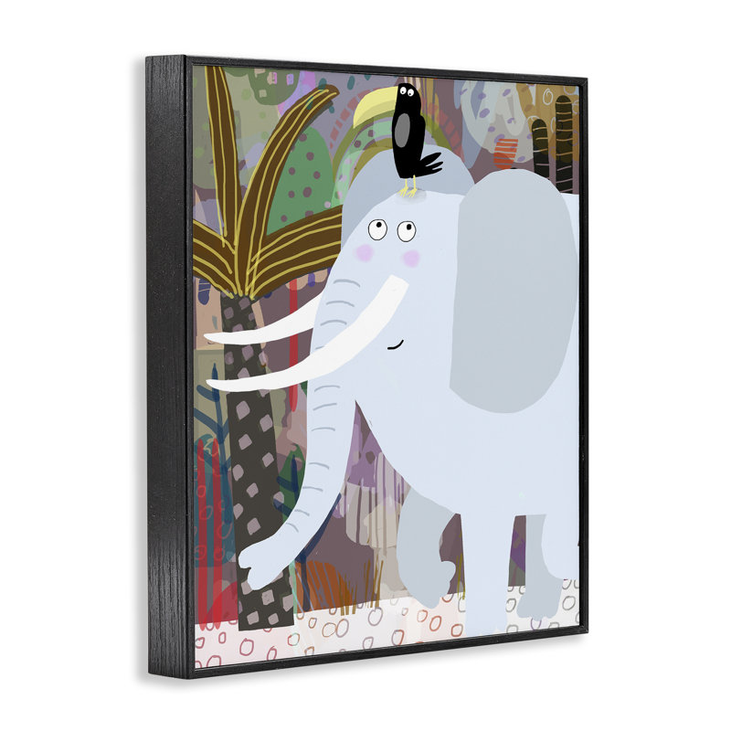 Éléphant et toucan dans la jungle, estampe numérique, design par Carla Daly, H 30 po x l 24 po, Giclée encadrée noir minuit