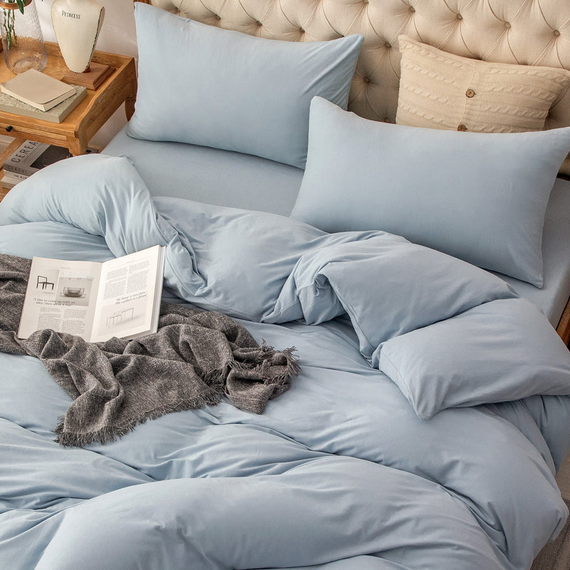 Ensemble de housse de couette en coton jersey, Housse de couette pour grand lit + 2 taies décora, Bleu clair