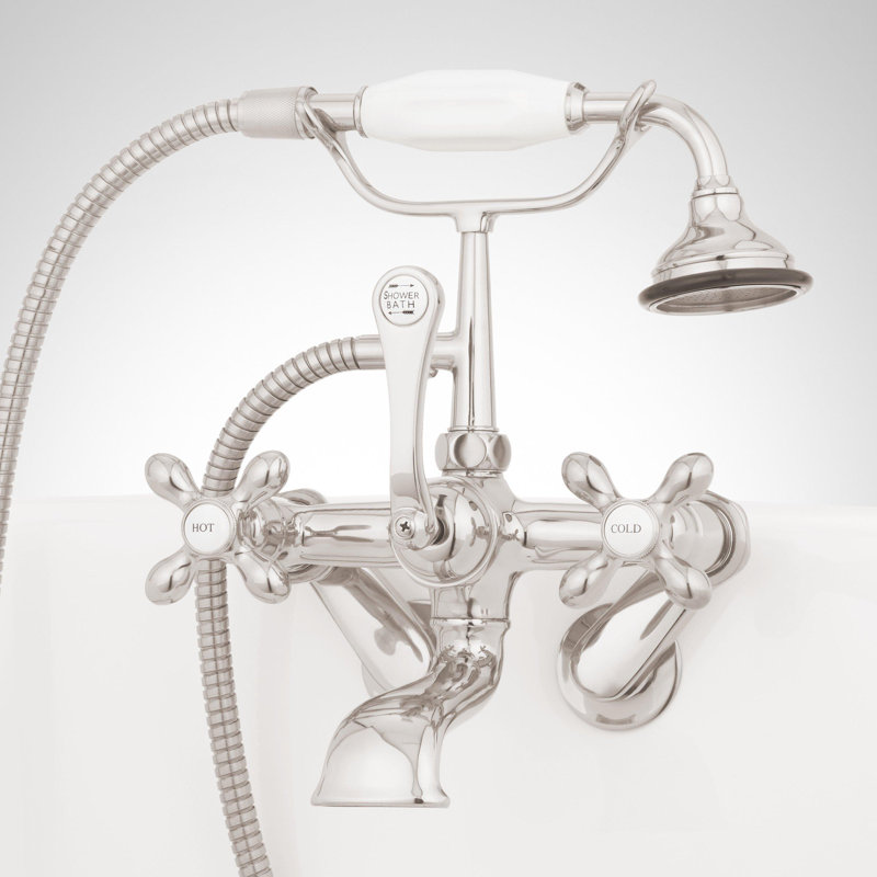 Robinet de baignoire mural de style téléphone avec poignées en croix, Nickel poli