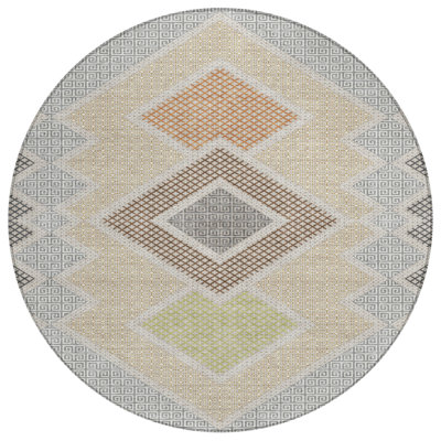 8' Pewter Copper And Silver Round Geometric Washable Indoor Outdoor Area Rug