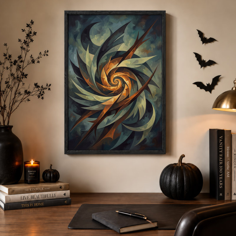 Toile murale d'Halloween avec motif abstrait en spirale tourbillonnante dans des tons oranges chauds, 48"H x 36"W