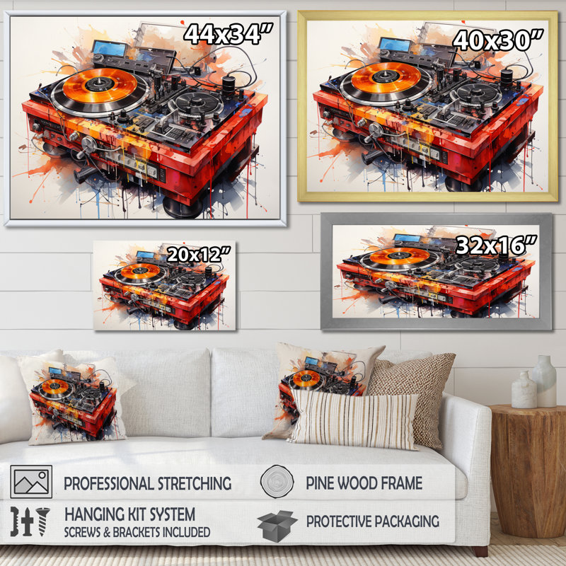 Abstrait, platines tournantes musicales, "Boom Boxes II" sur toile, Cadre flottant noir, H 30 po x l 40 po x P 1,5 po