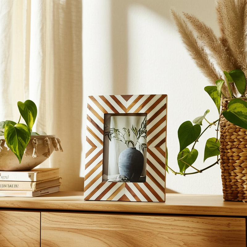Herringbone Picture Frame for Tabletop Display - Decorative Photo Frame for Office, Entryway, or Shelf Accent - 9", White & Brown