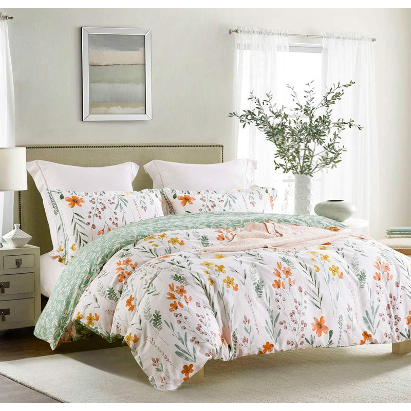 SLEEPBELLA Comforter, 600 Thread Count Cotton Comforter Sets, Down Alternative Bedding Set 3Pcs, King, White&green Floral