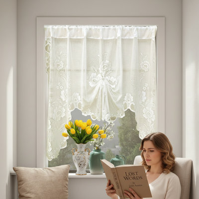 1 Panel White Lace Short Curtain Lifting Tie-up Roman Tulle Curtain Pastoral Style Kitchen Cafe Study Room Small Window Valance Drapes, Beige Color, 150*100cm/59*39.37in