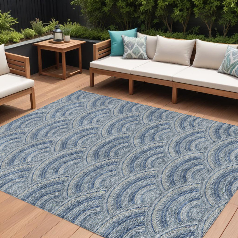 Tapis intérieur / extérieur lavable 9 pi x 12 pi bleu marine, bleu et ivoire