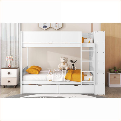 Full Over Full Bunk Bed with 2 Drawers &amp; Cabinet – Pinewood Frame, White, Space-Saving No Box Spring