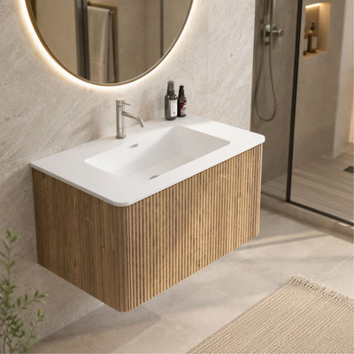 Bathroom Vanity, Etna 30", Striped Rough Oak, with White Solid Surface Sink, Wall-Mounted Floating, One-Piece White Sink Basin (no drain), Pre-assembl