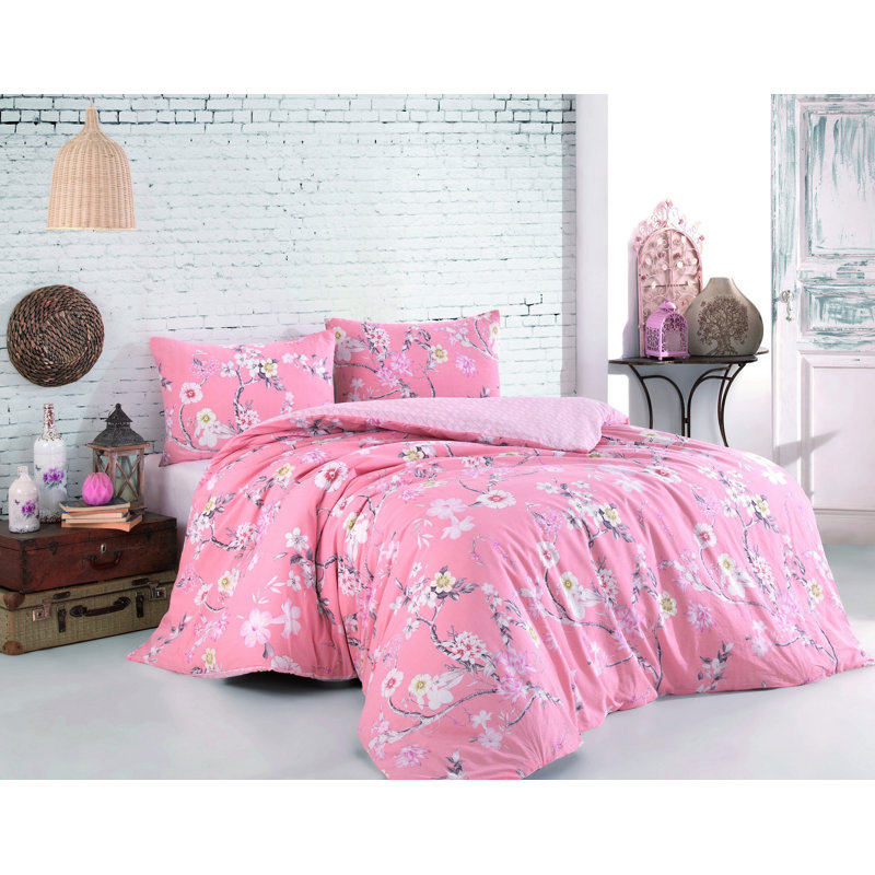 Luxurious Cotton Ranforce Double Quilt Cover Set, 79 x 79 | 100% Soft Cotton, 140 Thread Count | Includes 2 Pillowcases (19.7 x 31.5) | Machine Washable, Elegant Powder & White Design, Stylish & Comfortable Bedding