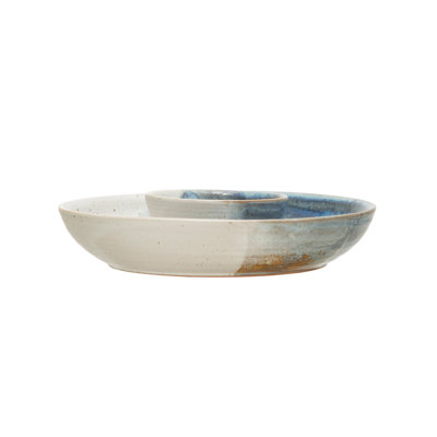 Grès et trempette en grès peint à la main Neela, glacis réactif, couleur crème et bleu (chacun peut varier)