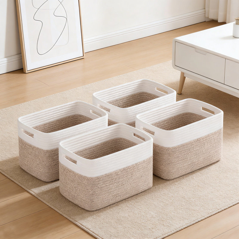 4-Pack Woven Toy Storage Baskets For Books, Towels, Clothes, 12.7X9x7.8 Inch, Blue/White