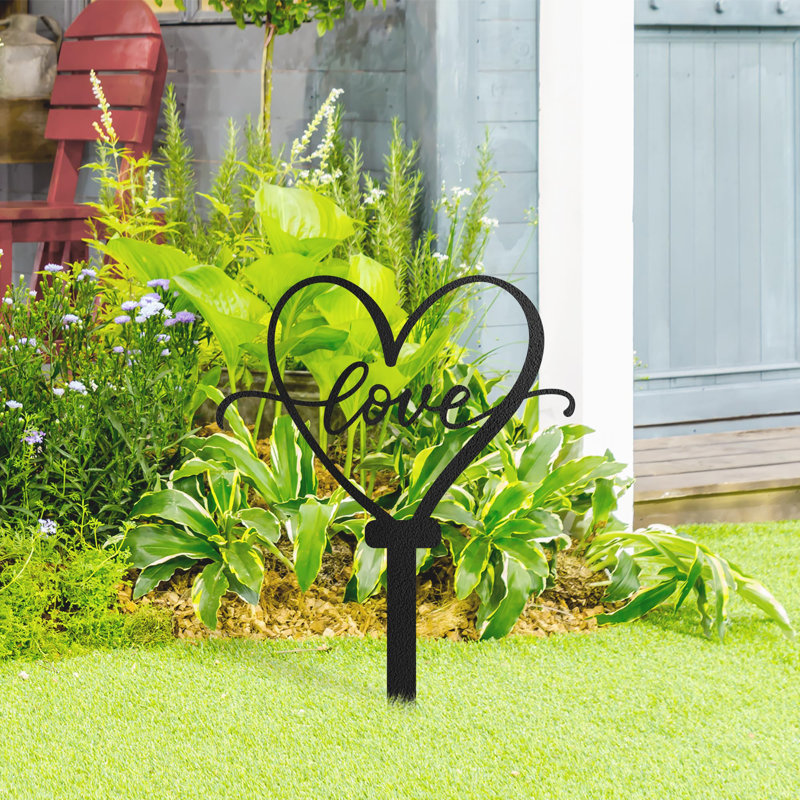Amour en forme de cœur avec piquet de jardin Love Heart, H 12 po x l 9,52 po x P 0,05 po, Noir