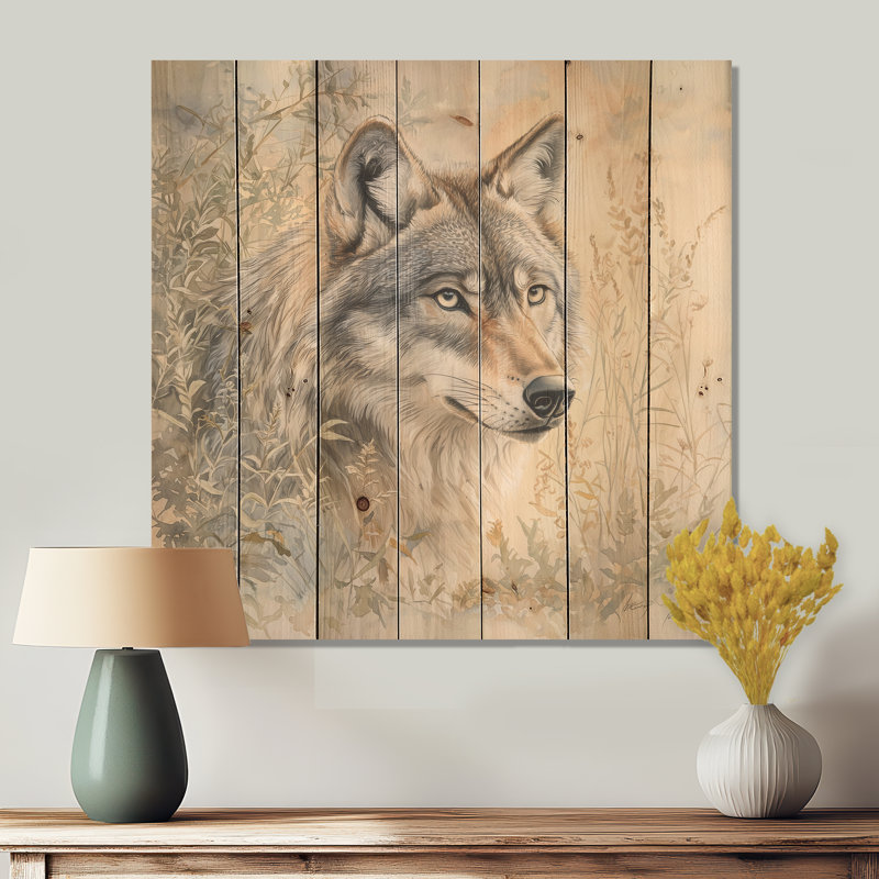 Loup rétro au clair de lune - Décoration murale moderne en bois sur bois de pin naturel, H 15 po x l 15 po