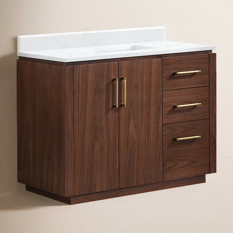 Meuble-lavabo simple 42 po avec plateau en pierre composite Cloverfield, Noyer naturel, Or
