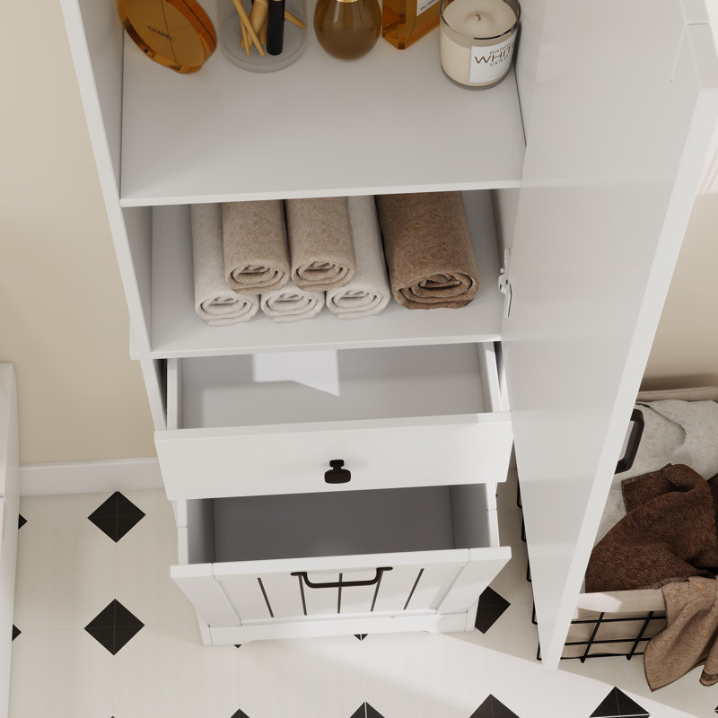 Armoire de salle de bain en bois avec panier à linge et tablettes de rangement