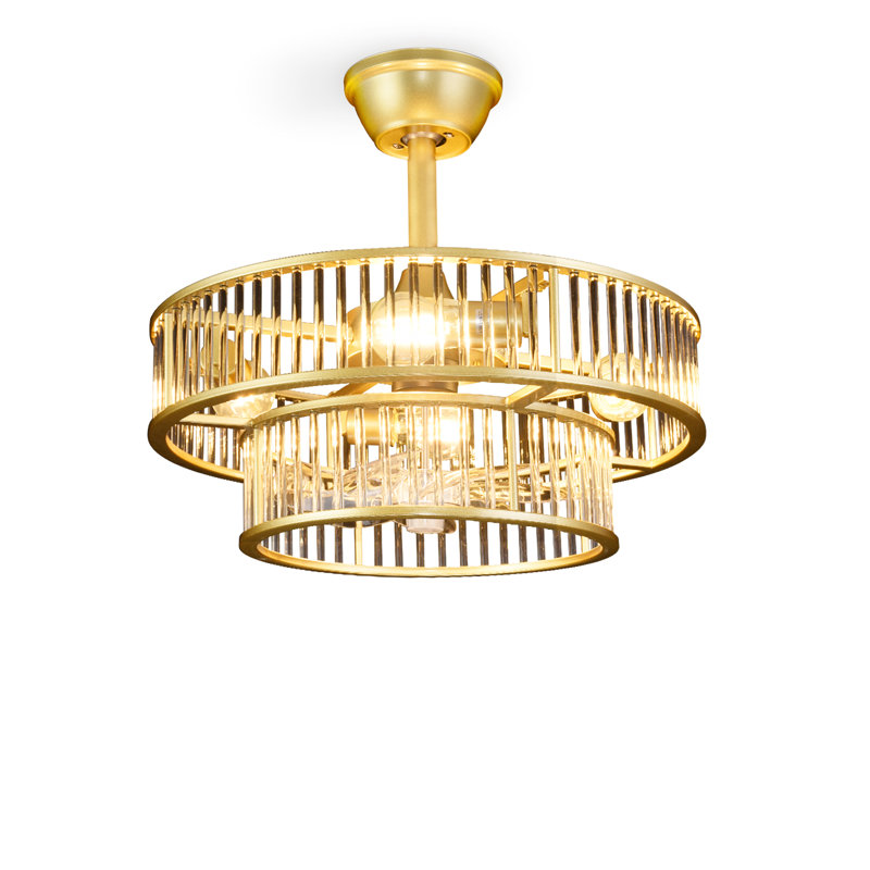20 Inch Modern Crystal Ceiling Fan with Lights Invisible Blades, Luxury  Downrod Mount Gold Fandelier with Remote Control,  LED Chandelier Fan for Bedroom Living Room，4*E26(（Bulbs excl）