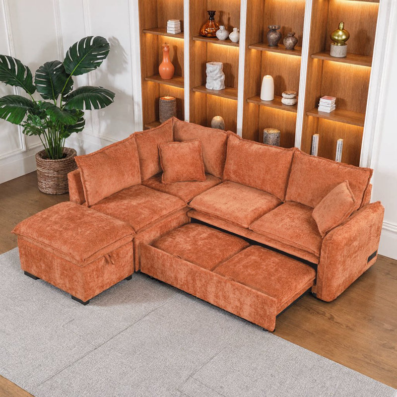 Canapé-lit convertible 82,67 pouces en chenille verte, canapé-lit modulaire en forme de L avec repose-pieds avec rangement, 2 coussins, prises électriques, ports USB