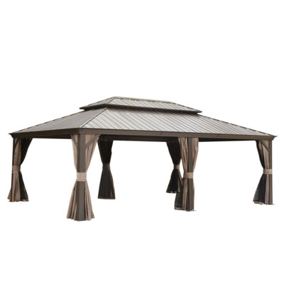 Gazebo, 14X24ft, Brown - Galvanized Steel Metal Top, Aluminum Frame, Built-In Gutter System, Curtain & Netting For Deck Garden Patio Outdoor Gazebo , Brown. Roof, Frame. Gutter,
