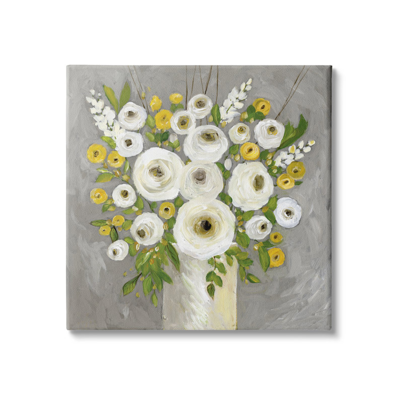 Abstrait, bouquet de fleurs de renoncule, fleurs de campagne jaunes et blanches, encadré et estampe numérique par Stephanie Workman Marrott