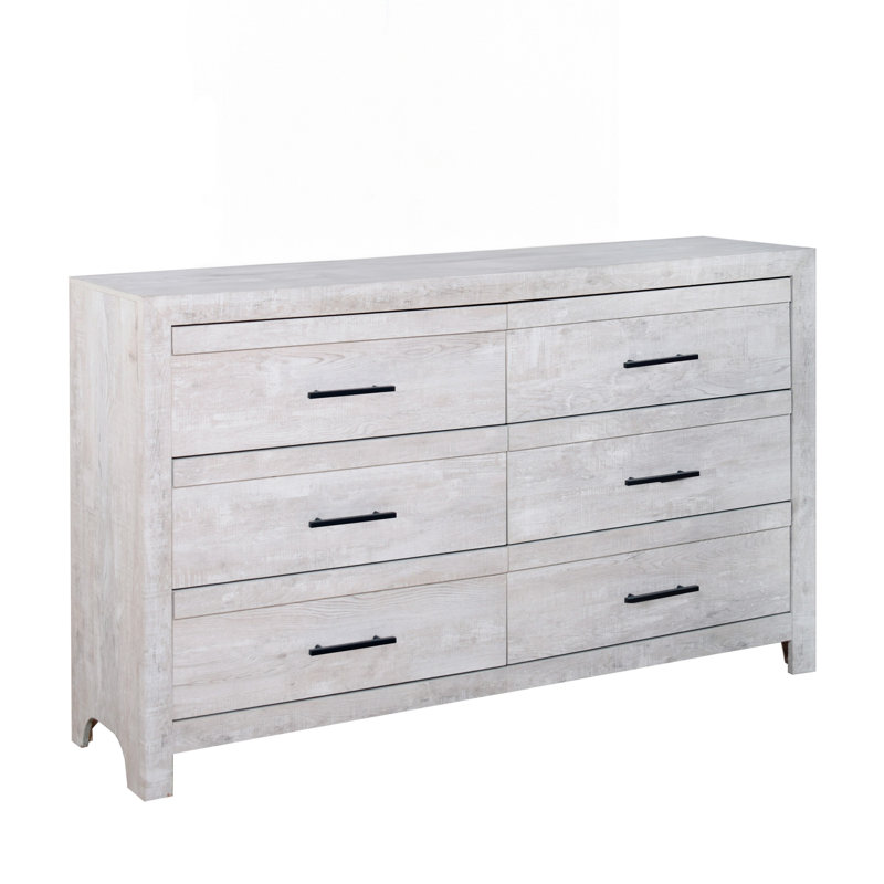 Commode Bisca de 63 po de largeur, 6 tiroirs, poignées noires, bois gris clair