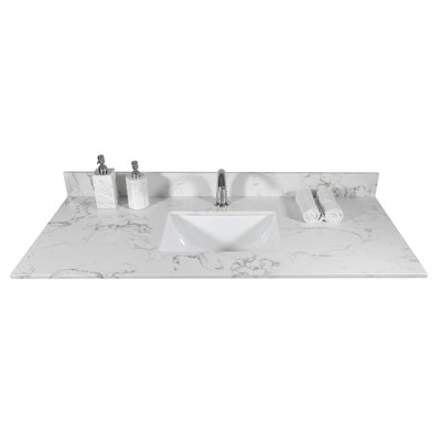Bathroom Vanity Top 43x22 - Engineered Stone White Marble Similarity With Rectangular Ceramic Undermount Sink And Backsplash Faucet Hole Stewardship Parity