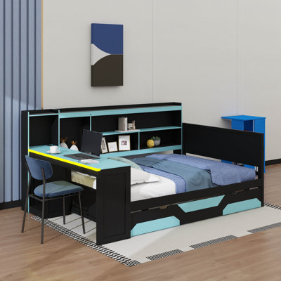 Lit d'angle avec bureau et bibliothèque de rangement, lit de jour plateforme en bois avec lumières, 3 tiroirs et station de charge