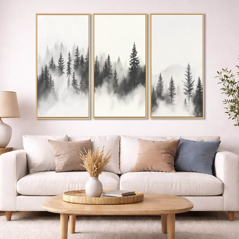 Art mural monochrome forêt - pins brumeux gris et blancs - forêt, 40" H x 60" W, Cadre flottant en bois naturel