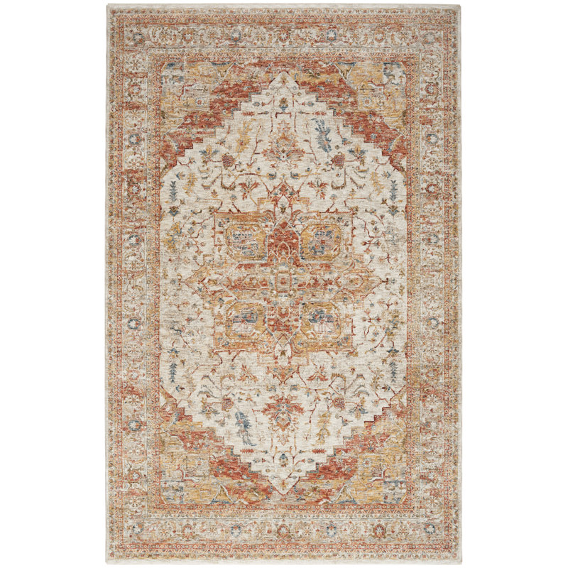 Tapis oriental oriental en polyester tissé à la machine crème / ivoire, Rectangle 7 pi 10 po x 10 pi 4 po