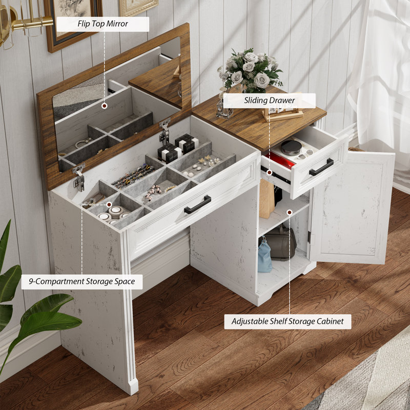 Bureau de coiffeuse avec miroir, tiroirs de rangement et tablettes réglables - Table de maquillage pour chambre à coucher