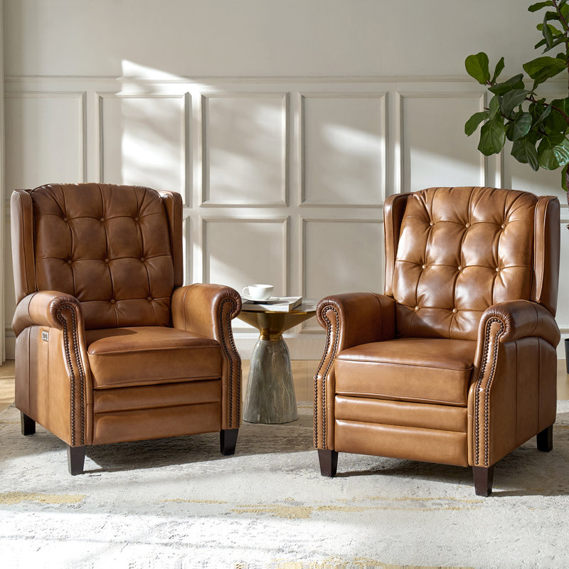 Martina 29.25''W Waxed Leather Power Recliner with Solid Wood Legs(Set of 2), Camel