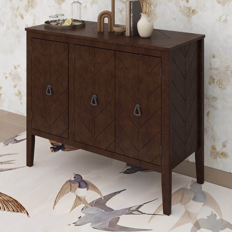 Buffet de rangement réglable avec 3 poignées rétro en métal et 4 pieds en pin, Brun