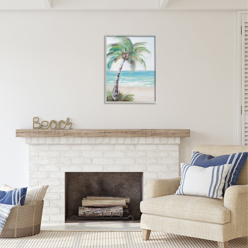Bb-373 - Palmier doux encadré sur la plage, encadré sur bois par Ziwei Li, peinture, H 30 po x l 24 po x P 1,5 po