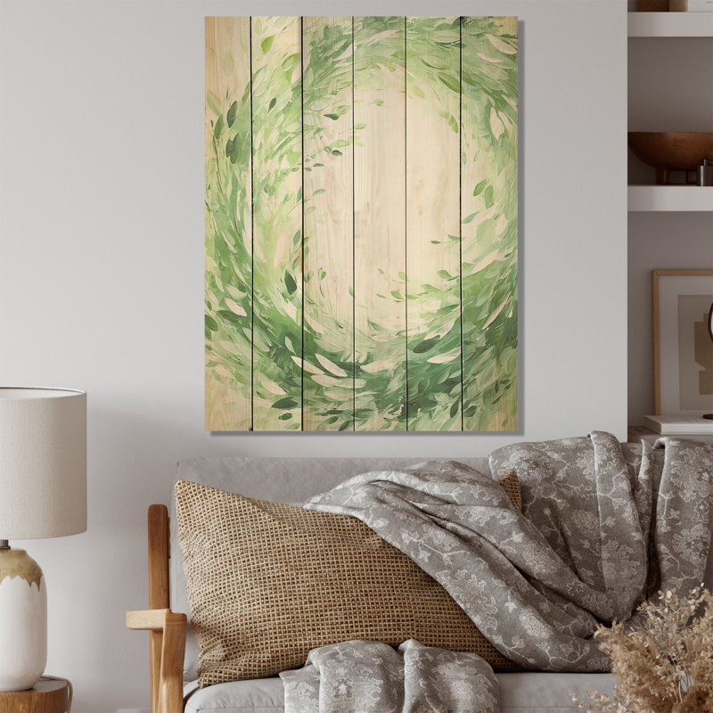 «Verdant Green Wreaths Whirl» - panneau mural en bois sur bois de pin naturel, H 32 po x l 24 po