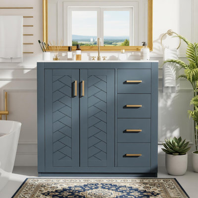 36'' Bathroom Vanity with Ceramic Sink Combo, Solid Wood Frame Bathroom Storage Cabinet, Freestanding Vanity Set with 3 Drawers& Soft Closing Doors