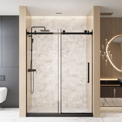 Frameless Single Sliding Shower Door  48 "W X 76" H, 1/4 "(6 Mm) Clear Tempered Glass, Explosion Proof Film, Stainless Steel Handle Square Tube Track ,Matte Black