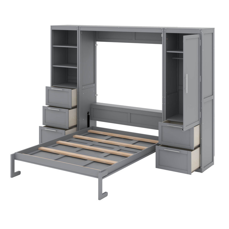 Grand lit escamotable avec tiroirs et tablettes, Gris