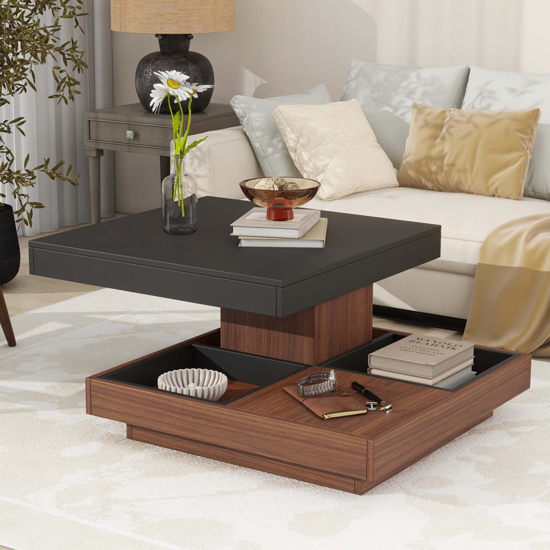 Table basse carrée rotative à 360 ° avec trois plateaux amovibles, Noir