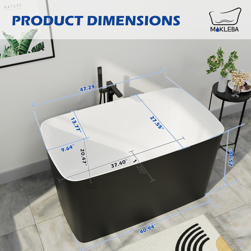 47" x 27" Modern Freestanding Acrylic Soaking Bathtub, Non-Slip Surface, Compact Design for Small Bathrooms, Matte Black